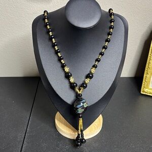 Black & Gold Venetian Lampwork Glass Bead Lariat Tassel Necklace